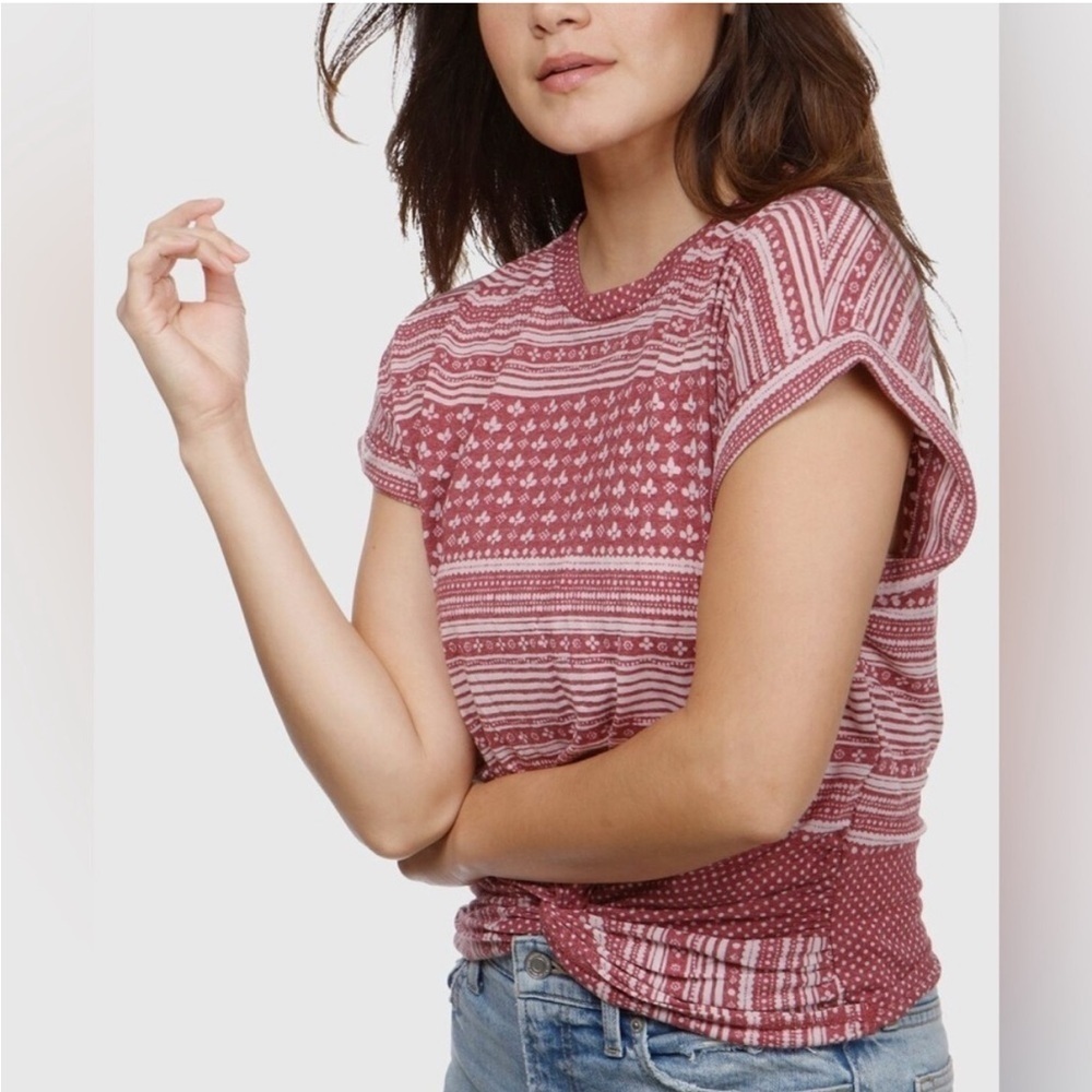 Lucky Brand Boho Western Geometric Twist Front T Shirt Faded Red Striped Top M - Picture 3 of 7